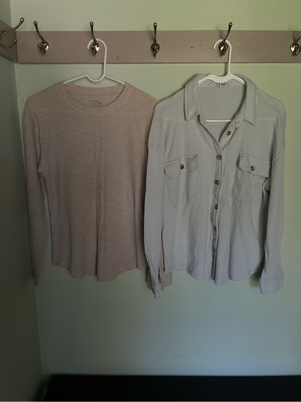 Time and Tru Beige Long Sleeve Top and Light Gray Button-Up Shirt